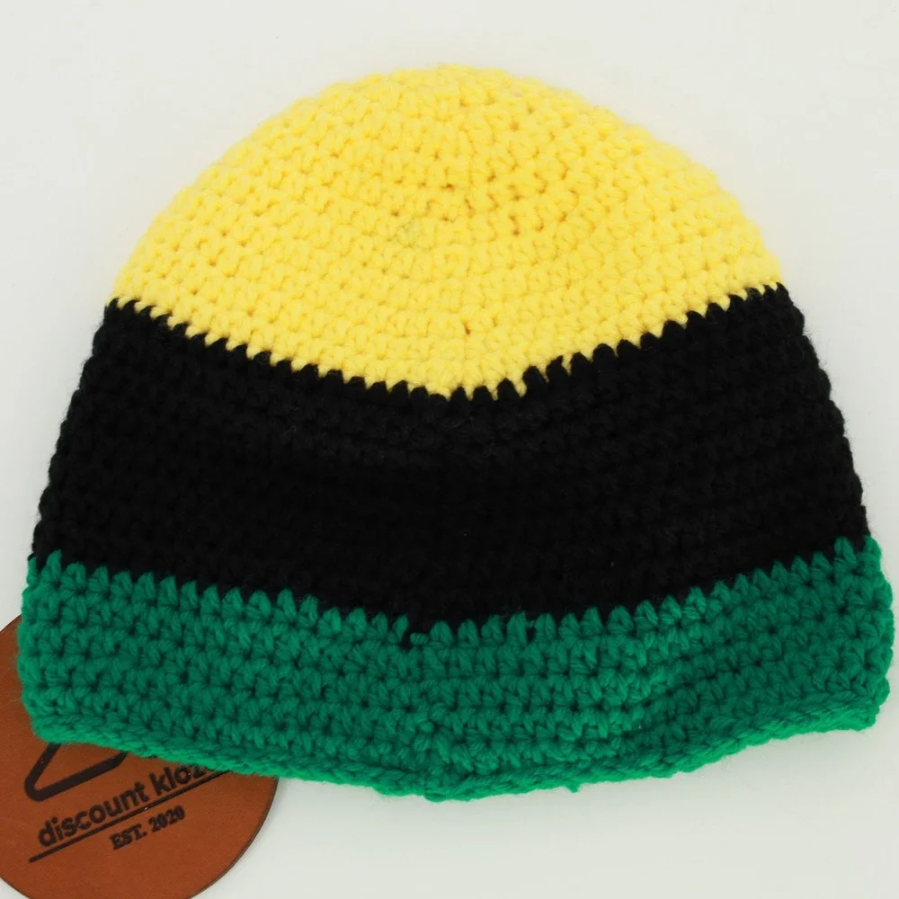 Handmade Crochet Beanie Yellow Black‎ Green Tri-Color Knit Unisex Jamaica
